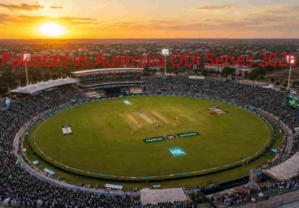 Aerial view of Rawalpindi Cricket Stadium during Pakistan vs Australia cricket match with packed crowd and golden sunset lighting