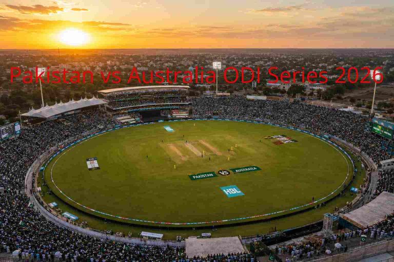 Aerial view of Rawalpindi Cricket Stadium during Pakistan vs Australia cricket match with packed crowd and golden sunset lighting